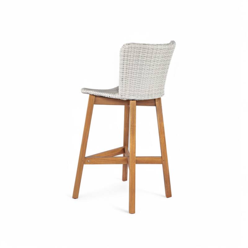 Roomfitters Lymington Outdoor Acacia Wood Barstools with Wicker Seat, Teak Finish and Light Brown Set of 2