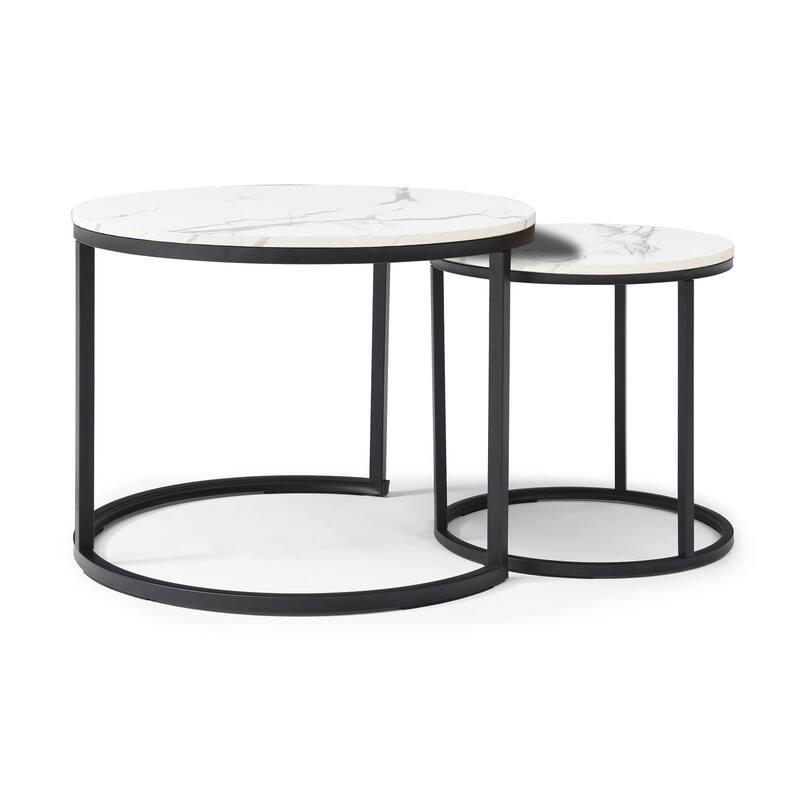 Anmytek Nested Round Side Tables Marble Look Top Black Metal Accent Coffee Table Set for Living Room