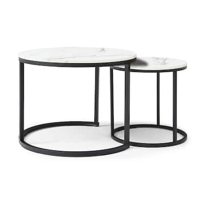 Modern Round Nesting Coffee Table Set of 2 with Metal Frame and MDF Top for Living Room Bedroom and Small Spaces