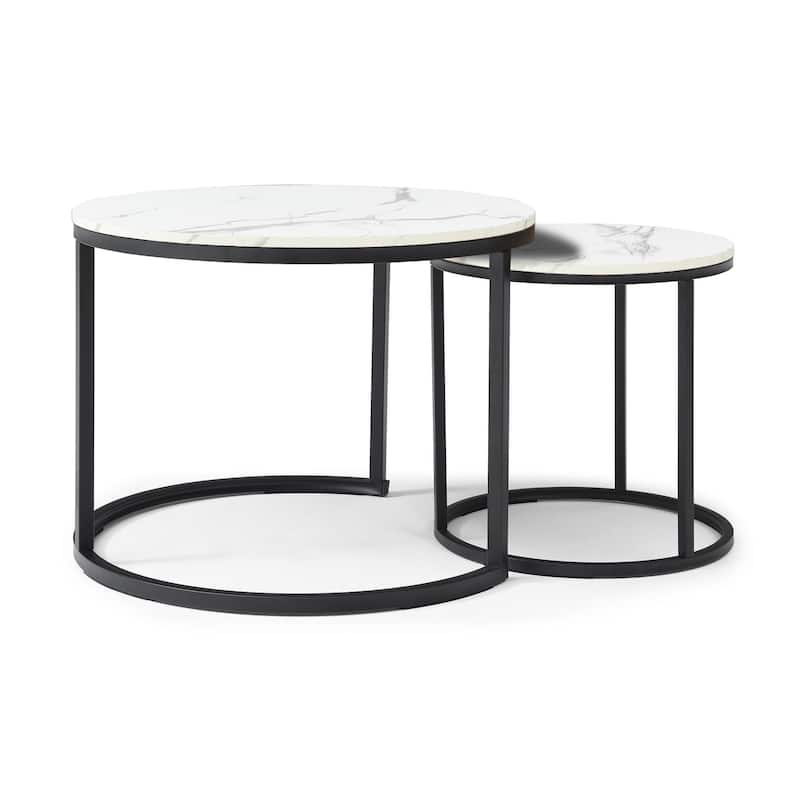 Versatile Nesting Coffee Table Set of 2 with Round Wooden Top and Metal Frame Base Modern Simple Side Table End Table Nightstand