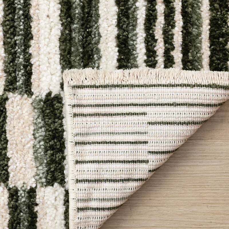 Nalani Collection - Ribbed Texture Soft Green Cream Rows Area Rug