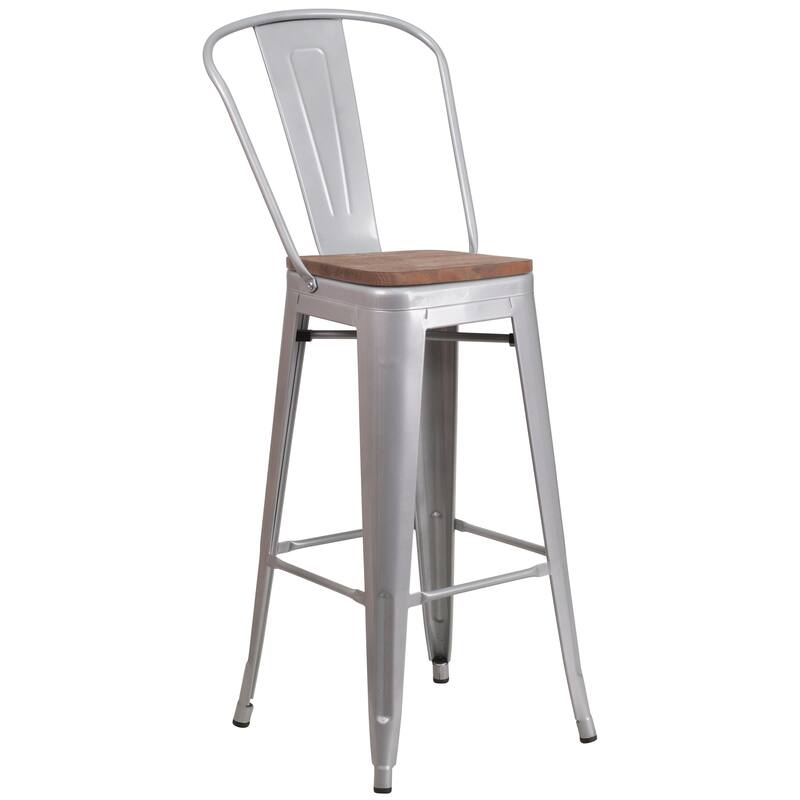 30" High Metal Barstool with Back and Wood Seat - 17.75"W x 20"D x 45.25"H