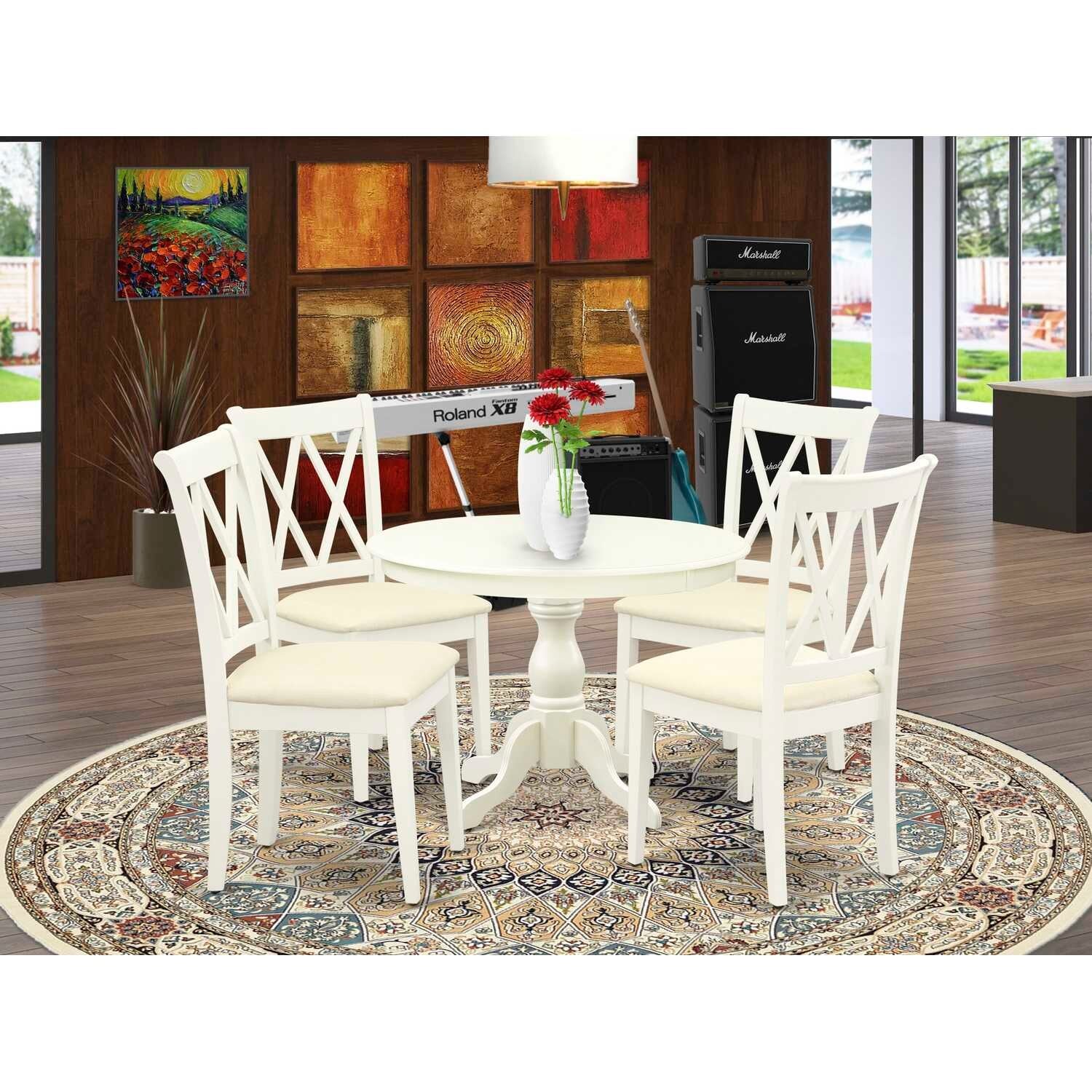 HomeStock 5-Piece Linen White Finish Solid Wood Top Dining table with 4 Chairs