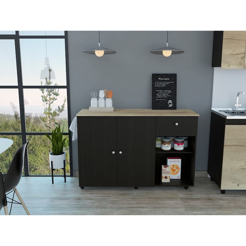 TUHOME Victoria Kitchen Island with 4 Interior Shelves, Casters, Drawer and Double Door Cabinet