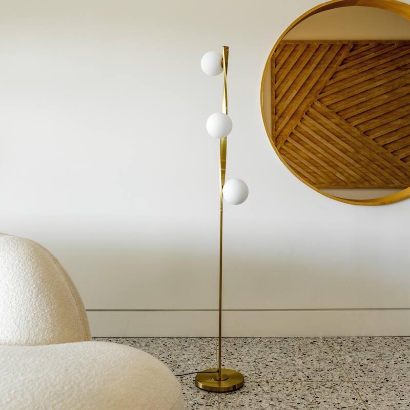 Brightech Nola 60 in. Antique Brass Industrial 3-Light 3-Way Dimming LED Floor Lamp with 3 Frosted White Glass Globe Shades