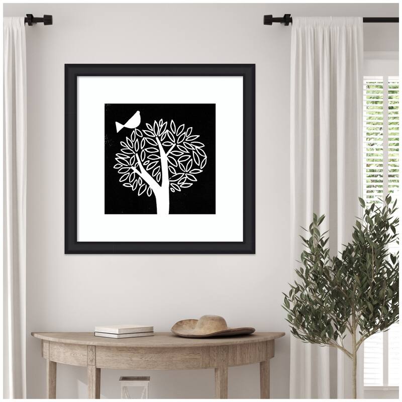 Kate and Laurel Framed Art Black and White Bird Tree Linocut by Giuliana Lazzerini Lazzerini