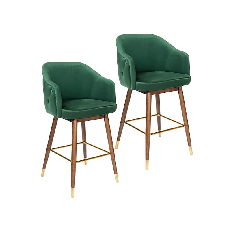 Porthos Home Orla Velvet Upholstered Bar Stools with Rubberwood Legs, Set of 2 - Green