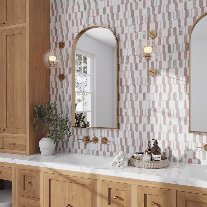 Rosendal 12x12 in. Polished Thassos, Norway Rose Picket Mosaic Wall and Floor Tile (5.3 sq ft/case, 5-Pack) - Pink, White