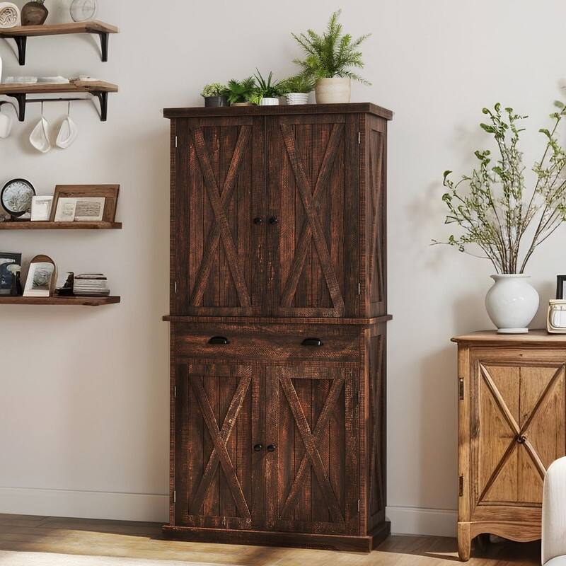 Farmhouse Kitchen Storage Pantry Cabinet with with 4 Barn Doors and Large Drawer & Adjustable Shelves - Browm