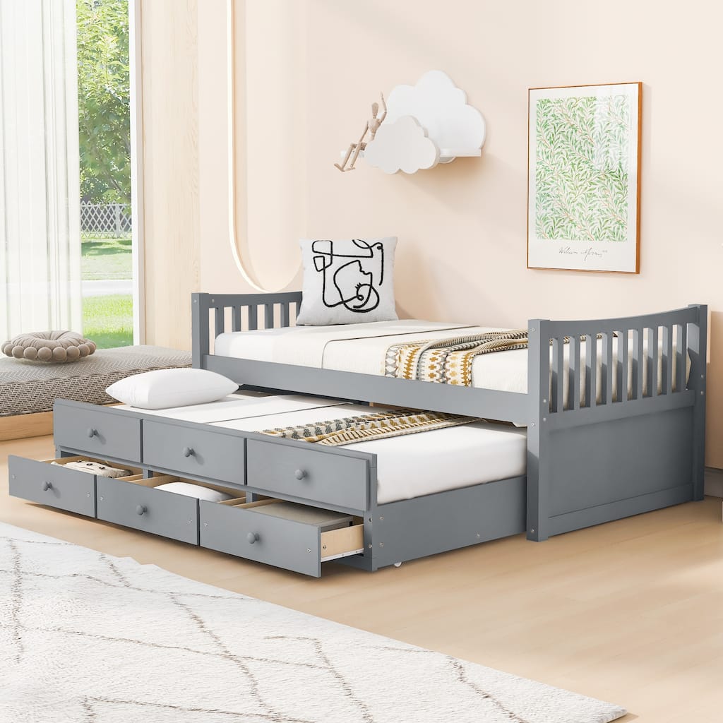 Daybed with Trundle and Drawers Twin Size Modern Wooden Sofa Bed Frame