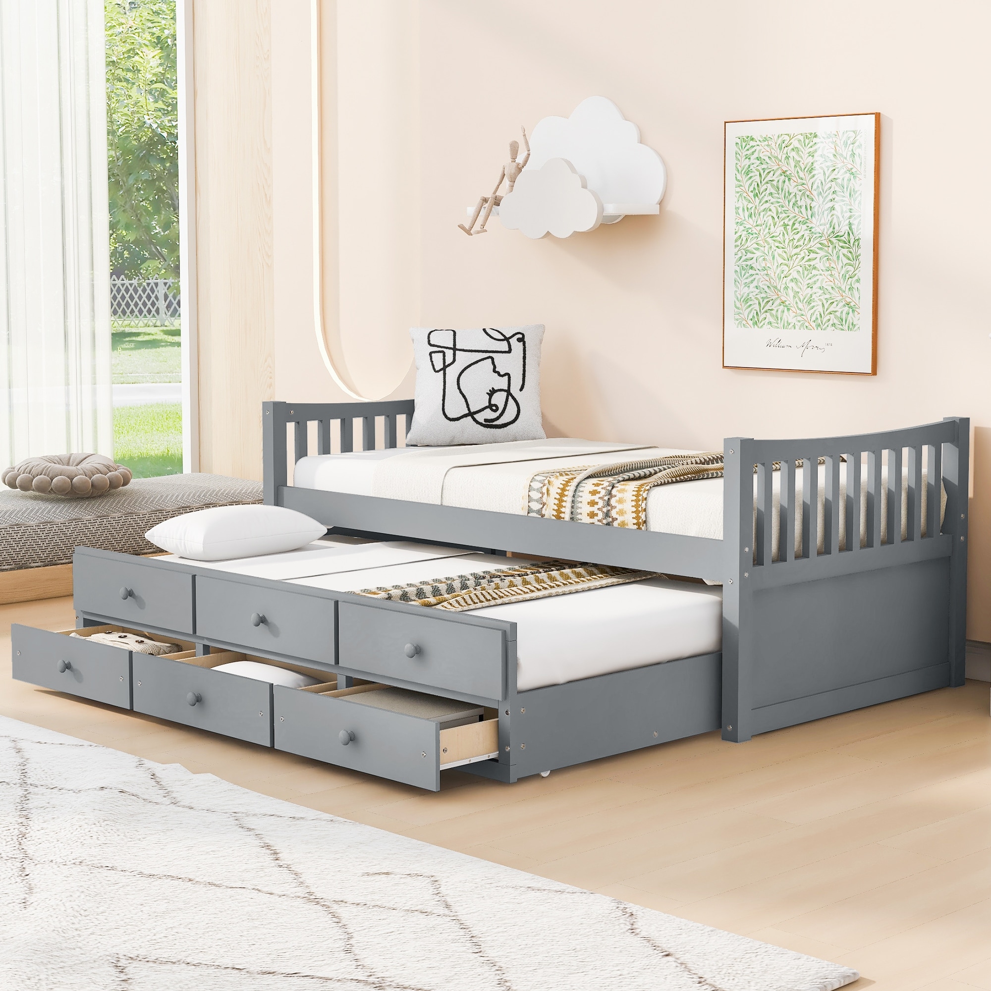 Daybed with Trundle and Drawers Twin Size Modern Wooden Sofa Bed Frame