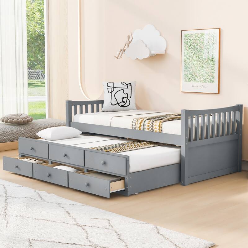 Daybed with Trundle and Drawers Twin Size Modern Wooden Sofa Bed Frame - Gray