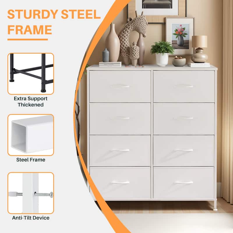 Dresser for Bedroom, 8 Storage Drawers, Tall Fabric Closet Chests Organizer Tower Furniture with Wooden Top Metal Frame