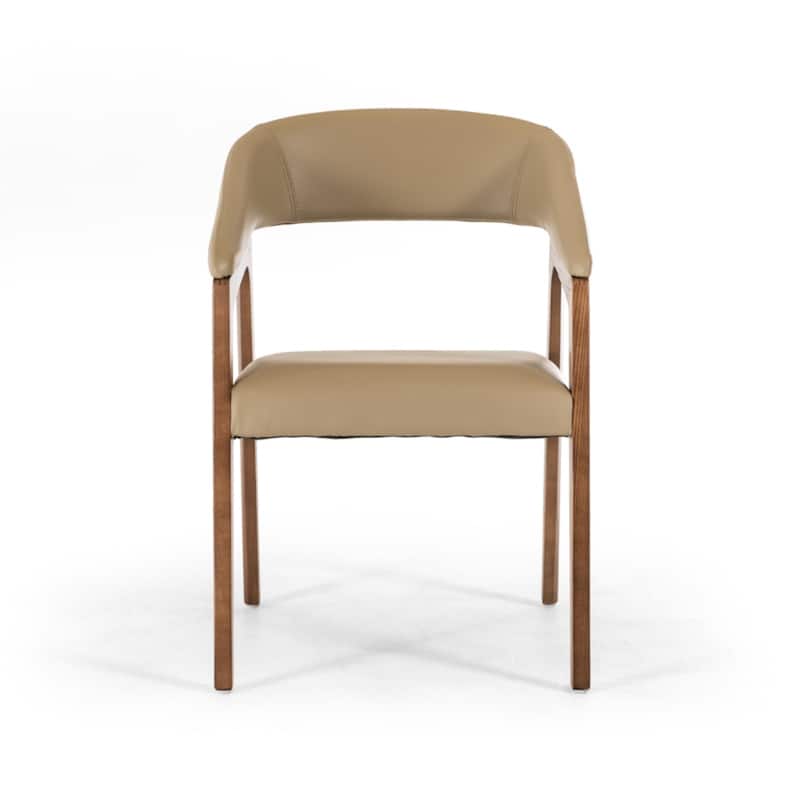 31"Tall Contemporary Dining Armchair in Taupe Faux Leather with Curved Wood Back and Brown Wood Legs - 31"H x 21"W x 24"D