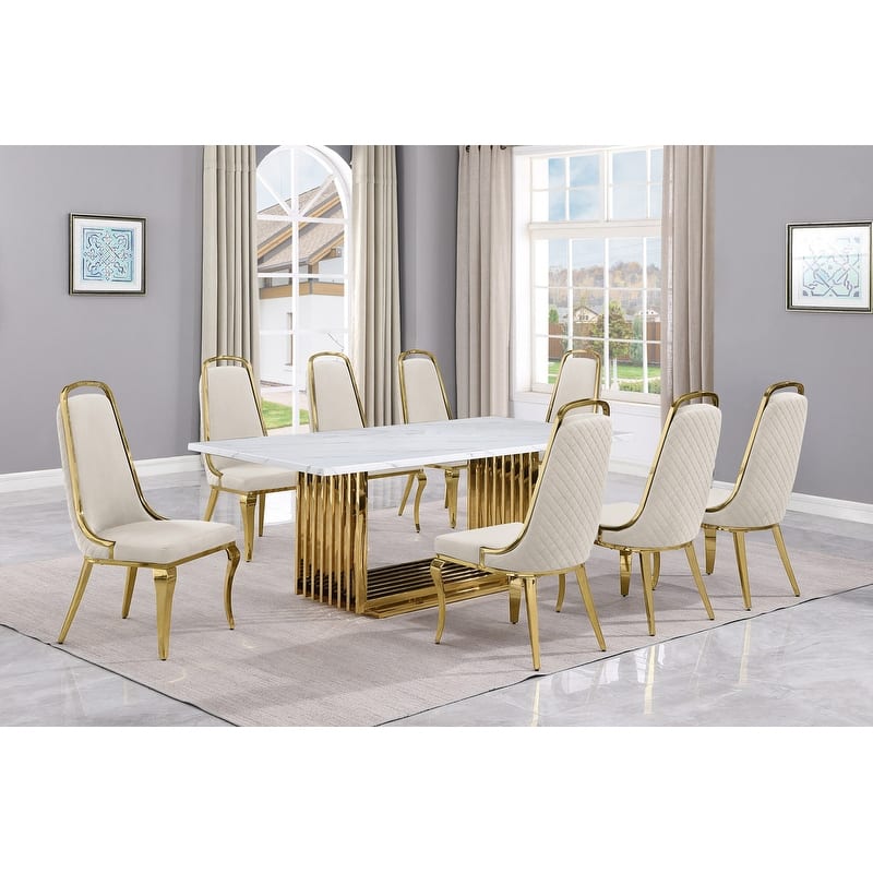 Best Quality Furniture D312/3-SC310-7 Dining Set with 79" White Marble Top - 9-Piece - Cream / Gold