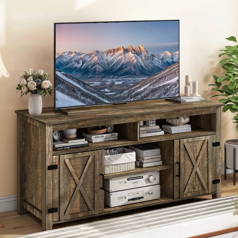 Moasis Farmhouse Barn Door Wood TV Stand with Power Outlet, Entertainment Center with Shelves for TV up to 65"
