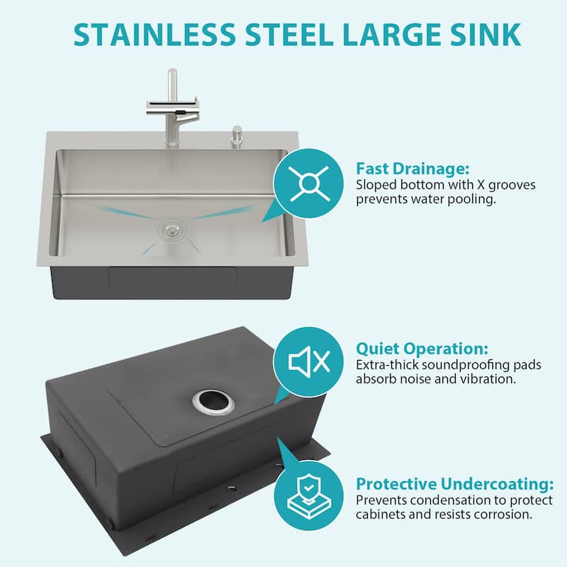 30" Drop-in Kitchen Sink Soap Dispenser 30x22x10 inch Single Bowl 16 Gauge Stainless Steel Topmount Kitchen Sink Basin
