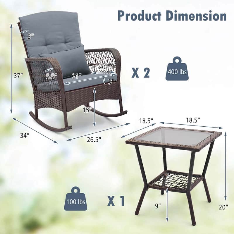 3 PCS Patio Rocker Set Wicker Chairs w/ Double-Layer Coffee Table