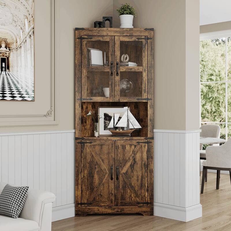 Tall Corner Cabinet, Farmhouse Corner Storage Cabinet with Glass Door & Adjustable Shelves, Space Saving Storage - Brown