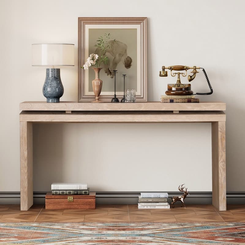 Farmhouse 60" Console Table, Solid Wood Entryway Table with Double Board Suspension Design
