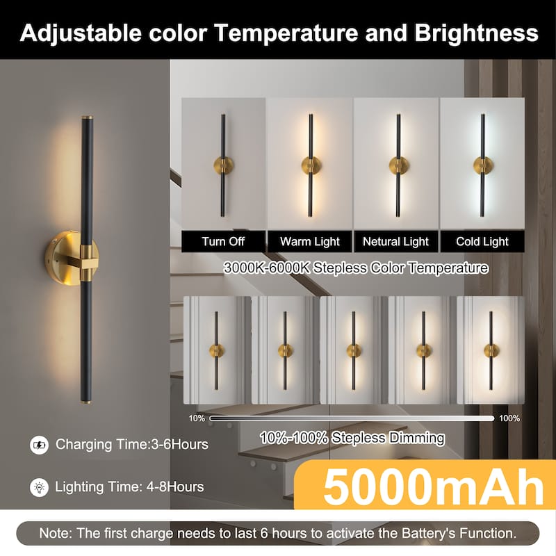 Starsky Minimalist Rechargeable Linear LED Vanity Light Dimmable Metal Wall Sconce with Remote