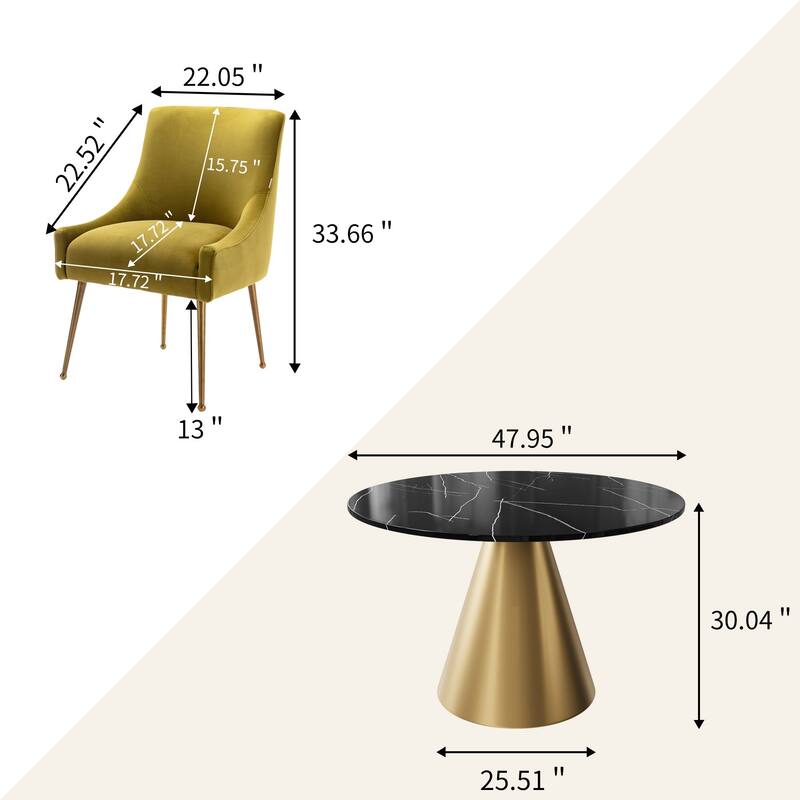 48" Marble Top Metal Dining Table with Velvet Dining Chair Set