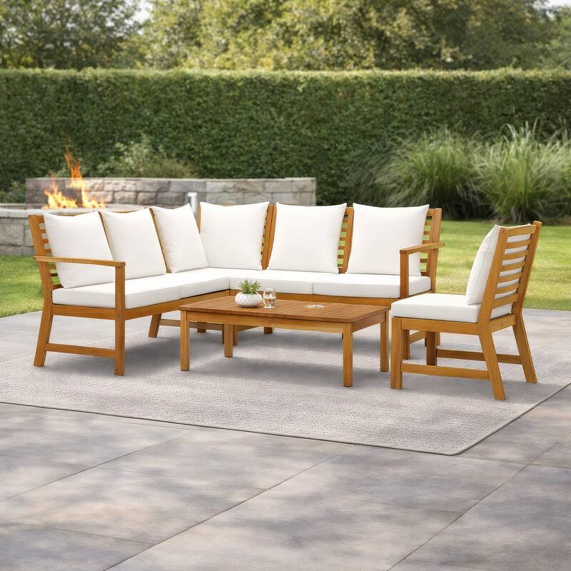 Roma 5pc Modular Outdoor Sofa and Table Set, Solid Acacia Wood, White