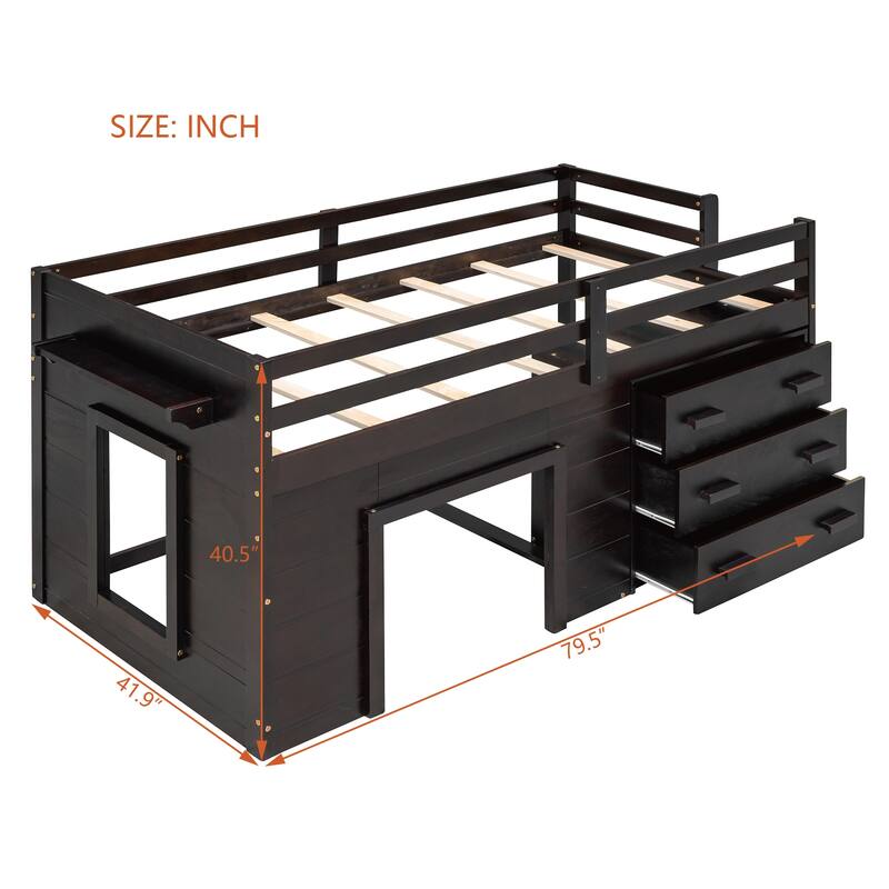 Twin Size Loft Bed with Built-in Cabinet and Shelf, Wooden Low Loft Bed with Guardrails, No Box Spring Needed