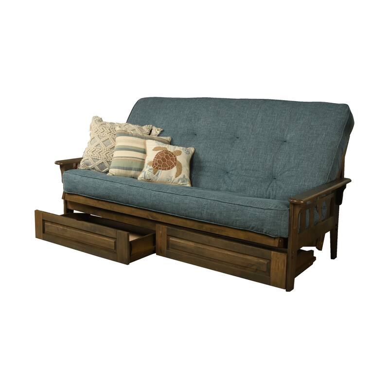 Somette Tucson Queen-size Storage Futon Set in Rustic Walnut Finish with Linen Mattress - Linen Aqua