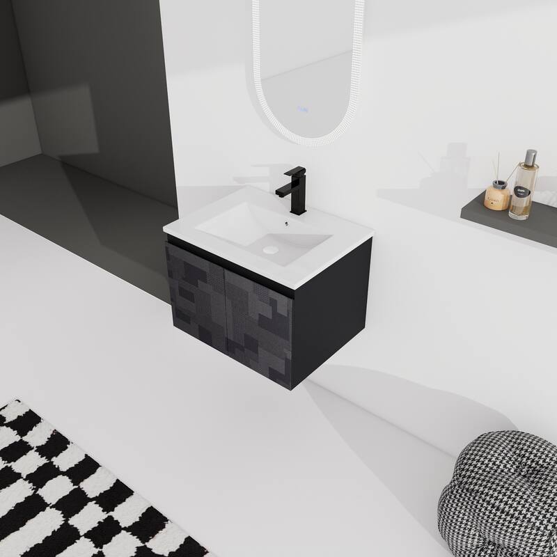 24" Floating Wall-Mounted Bathroom Vanity with Soft-Close Doors, Ceramic Sink, Eco-Friendly Plywood Base
