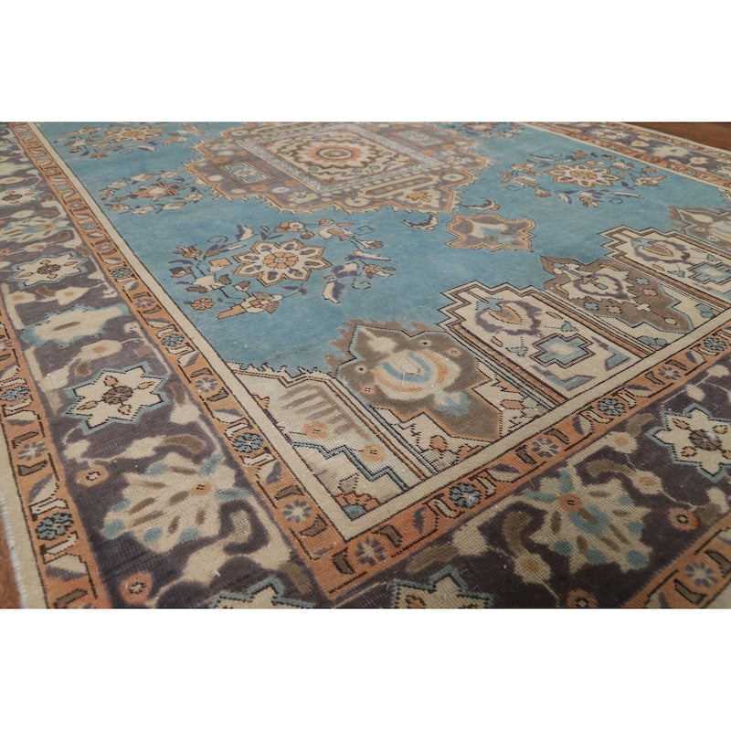 Geometric Blue Tabriz Persian Vintage Rug Hand-Knotted Wool Carpet - 6'7" x 9'7"