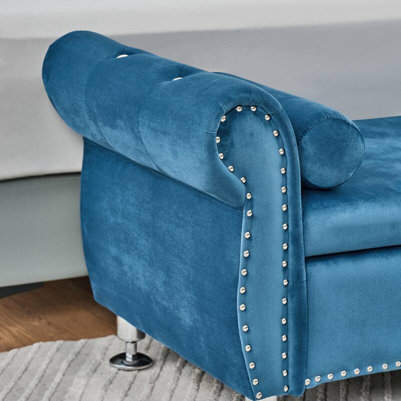 Velvet Storage Bench 62.2 Inch Upholstered Tufted Ottoman Bench with Rolled Arms, Large End of Bed Bench with Rivet Decoration
