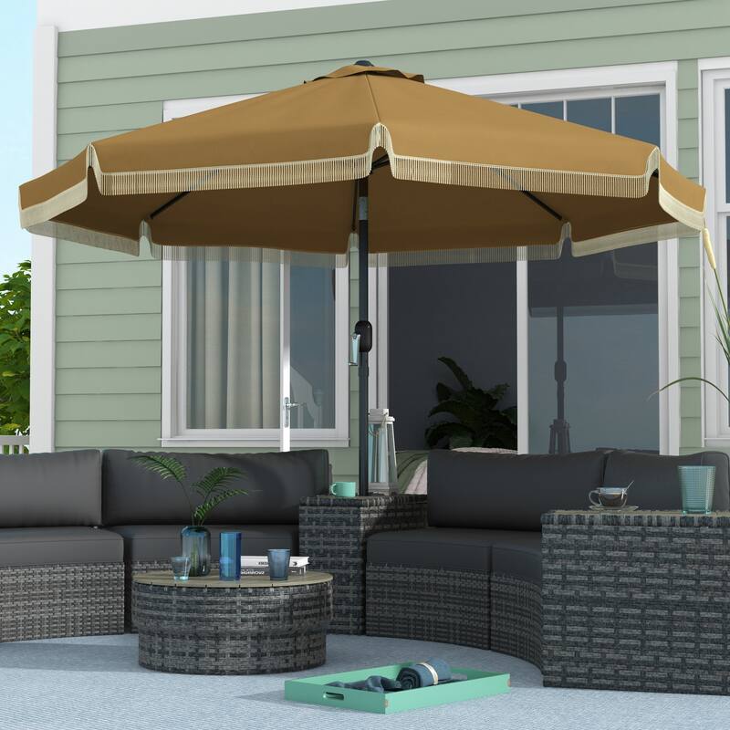 Outsunny 9ft Patio Umbrella with Push Button Tilt and Crank, Ruffled Outdoor Market Table Umbrella with Tassles and 8 Ribs - Tan