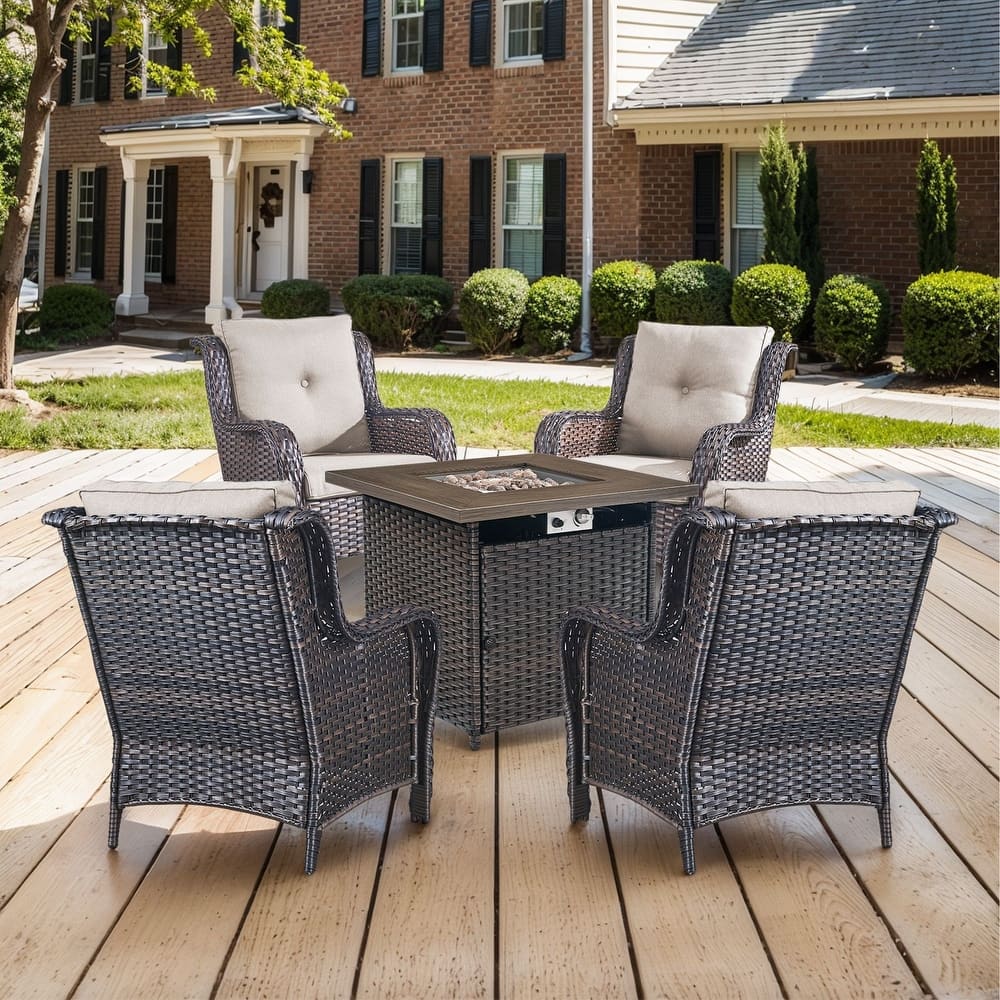 Gymojoy 5-Piece Outdoor Wicker Patio Furniture with Fire Pit Table, Rattan Coversation Set with Water Resistant Thick Cushions