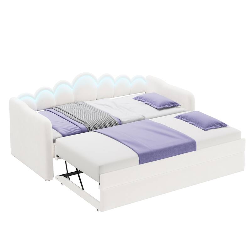 Twin XL Velvet Upholstered Daybed with Pull-Out Trundle and Wave Backrest LED Light