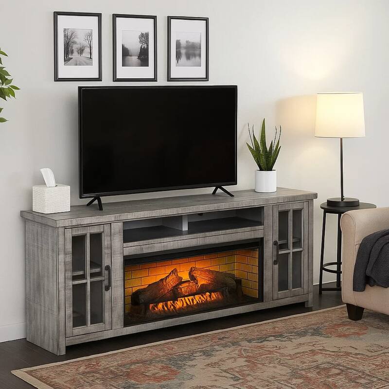 Gery TV Console w Log Fireplace Insert Option, 76 Inch, 2 Cabinets, Gray Brown Mahogany