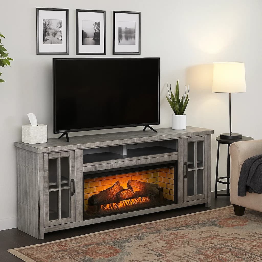 Gery TV Console w Log Fireplace Insert Option, 76 Inch, 2 Cabinets, Gray Brown Mahogany