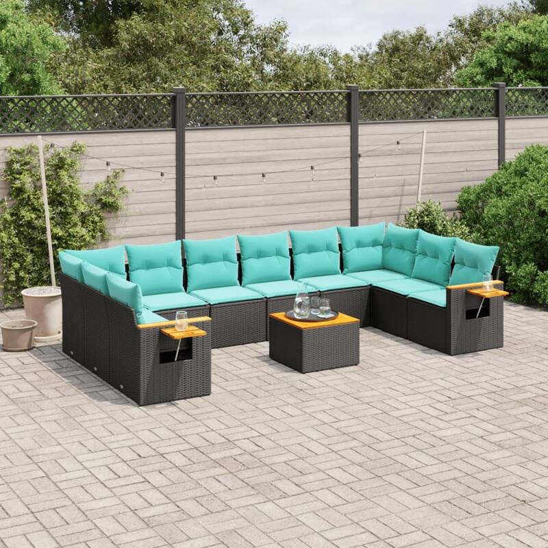 vidaXL 10 Piece Patio Sofa Set with Cushions Black Poly Rattan - 21.7x27.2x24.4-With table