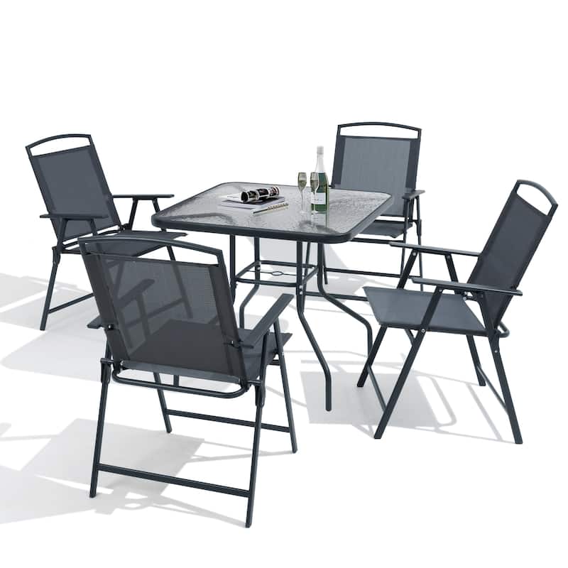 Outdoor 5-piece Patio Dining Set Folding Chairs and Glass Table with Umbrella Hole - See the specifications