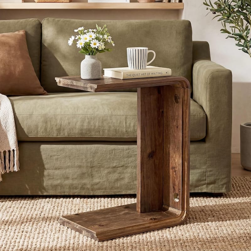 C-Shaped Solid Wood End Table for Living Room, Small Space, Easy Assembly