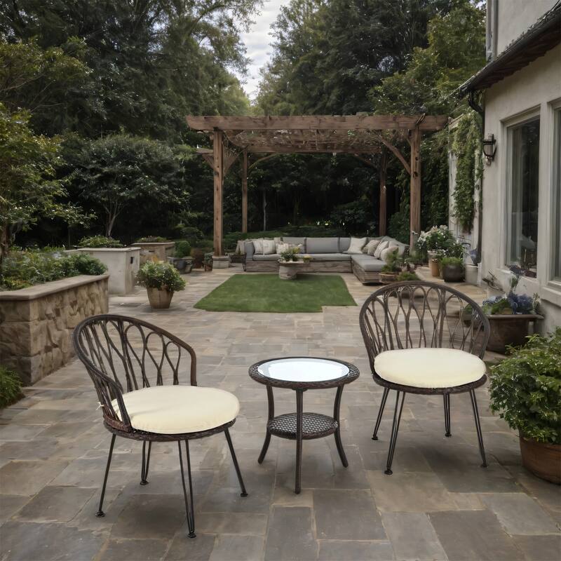 Outdoor Rattan Chairs with Glass Round Table for Patios (Set of 3)