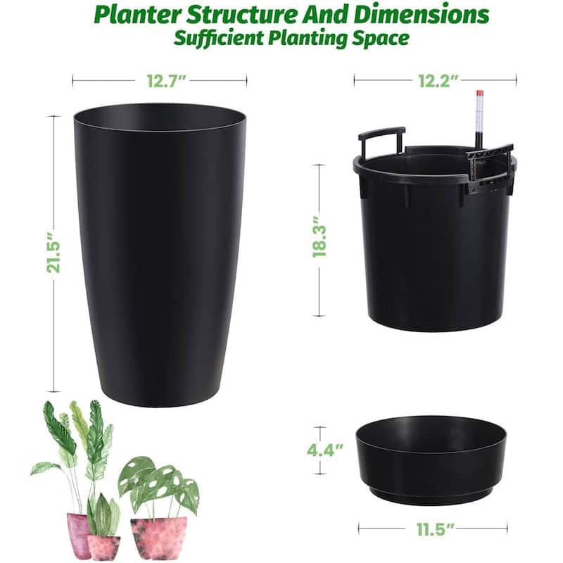 Set of 2 Tall 21.7" Self-Watering Planters, Flower Pots with Built-in Drainage