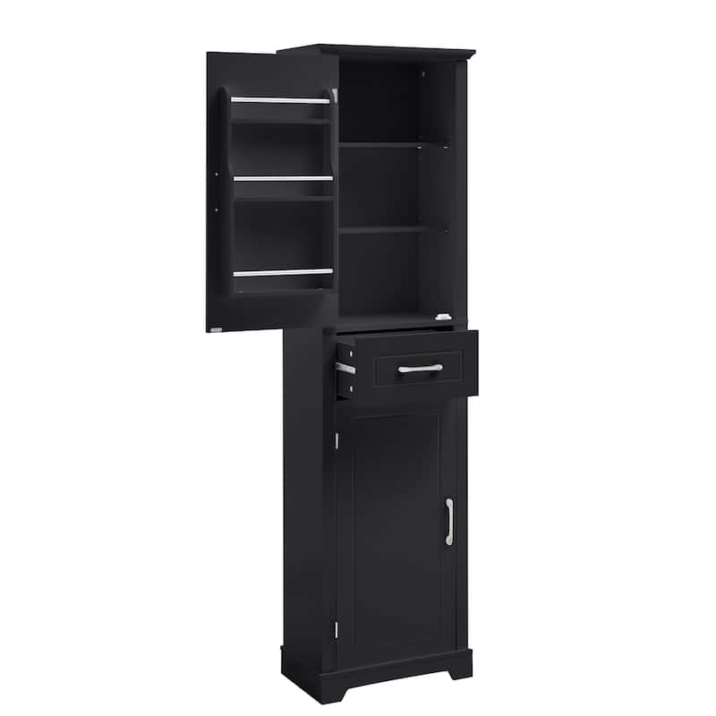 Roomfitters 63" Tall Bathroom Storage Cabinet, Freestanding Linen Tower with Door-Mounted Shelves and Drawer, Black