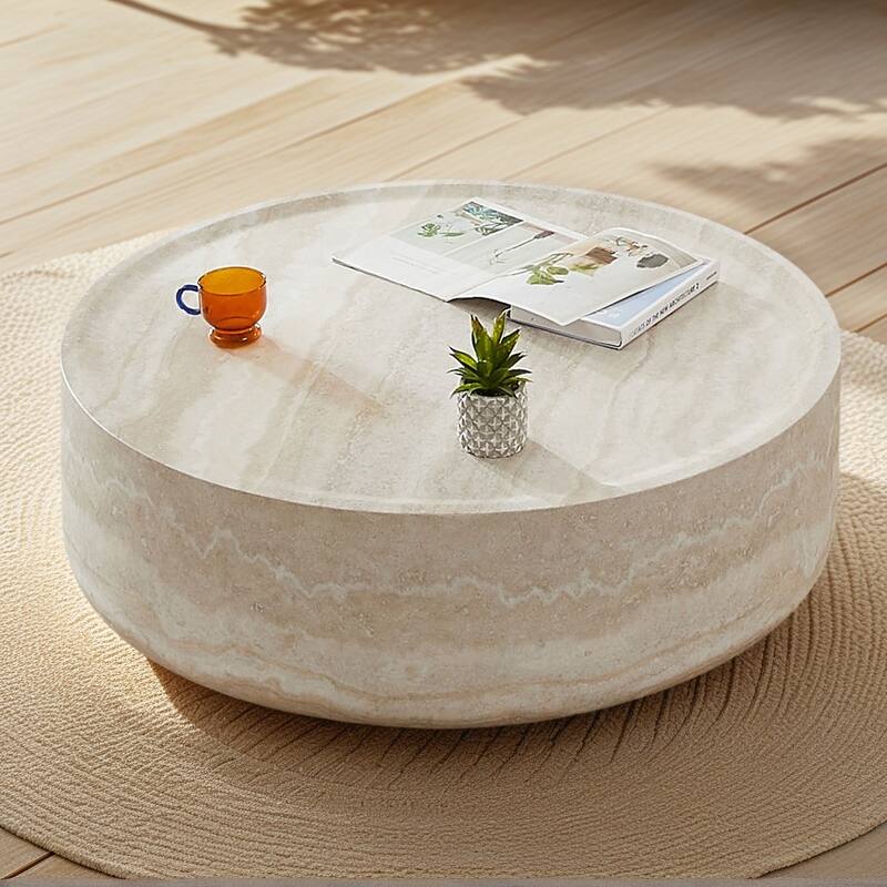39.37''Modern Round Tea Faux Travertine Textured Table No Need Assembly - marble