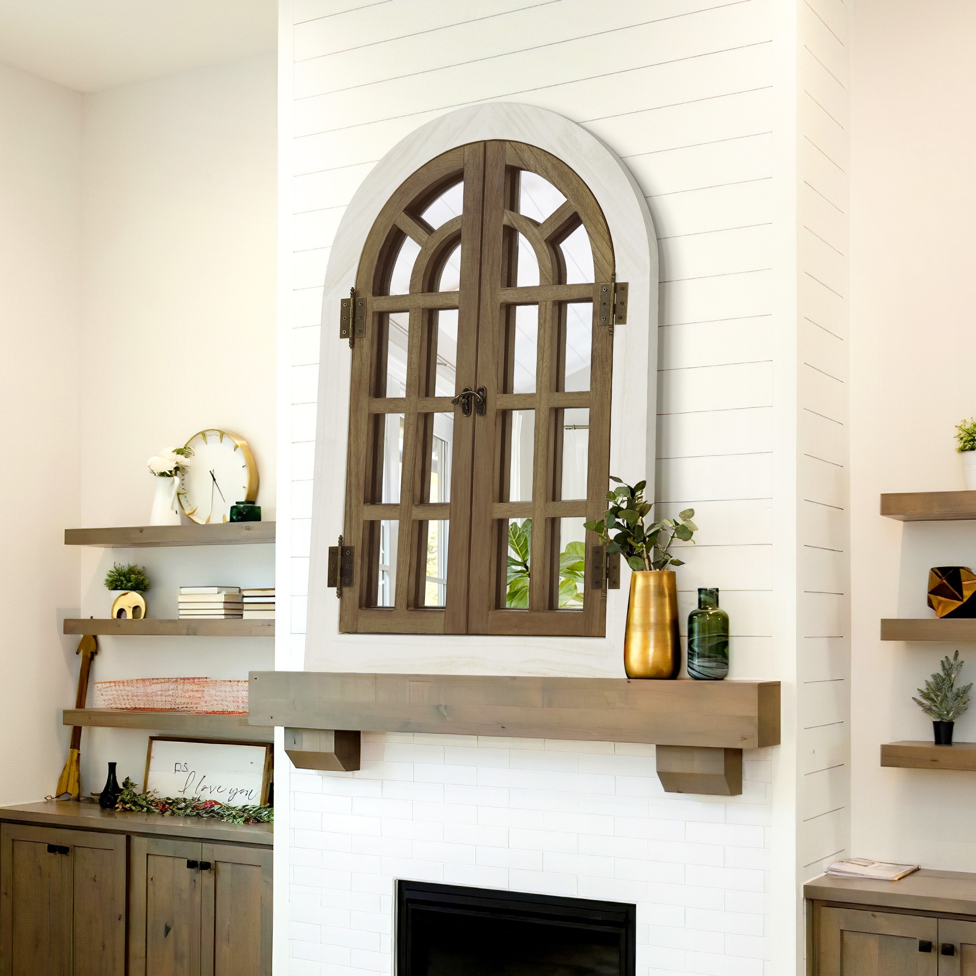 как выглядит Vintage Wood Windowpane Arched Wall Mirror фото