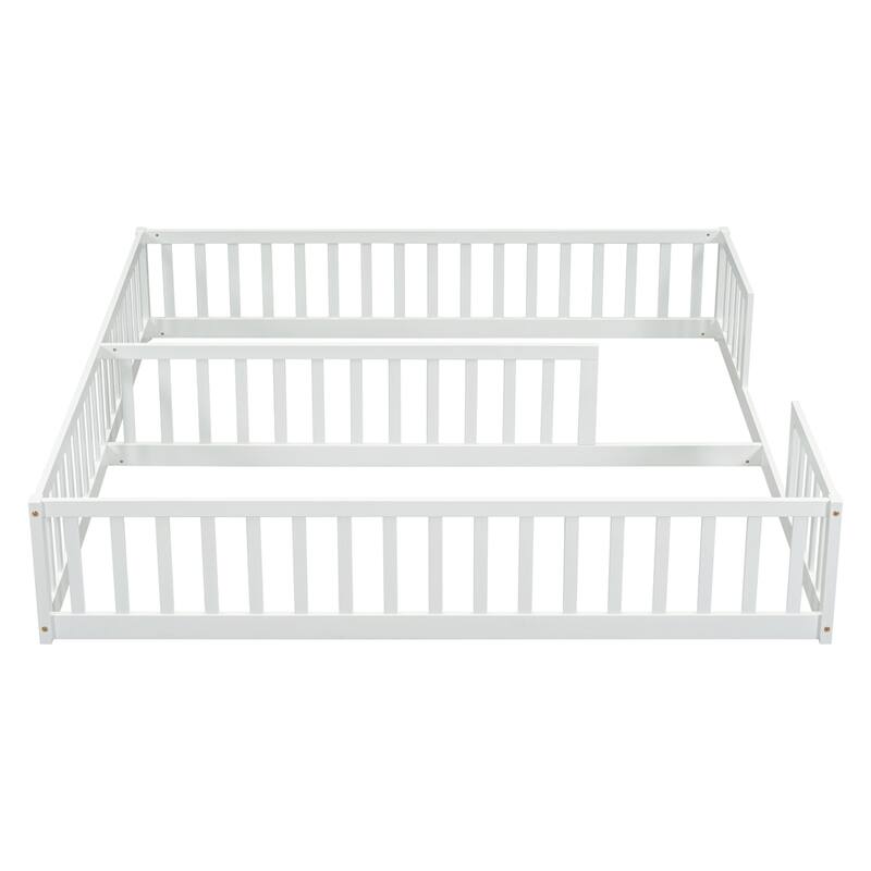 Double Twin Floor Bed with Fence, Guardrails,Without Door