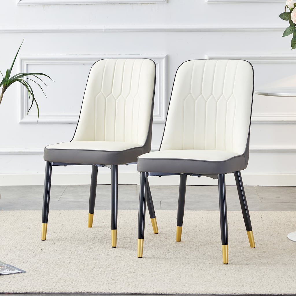 Set of 2 modern dining chair with a white dark gray dual tone PU leather backrest and black metal legs