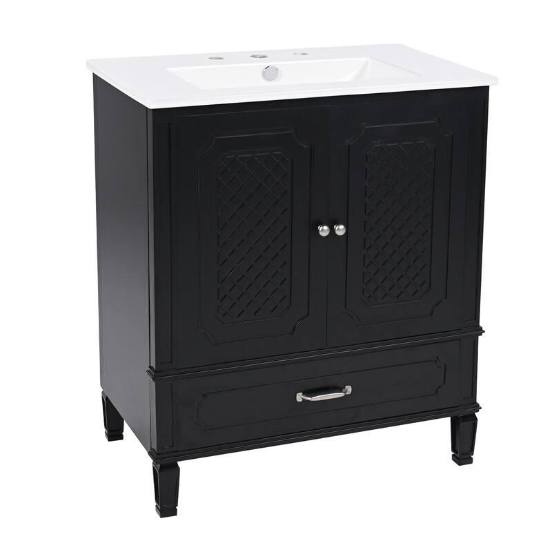 Roomfitters 30" Vintage Style Bathroom Vanity with Ceramic Sink, Customizable Storage Drawer and Soft-Close Door