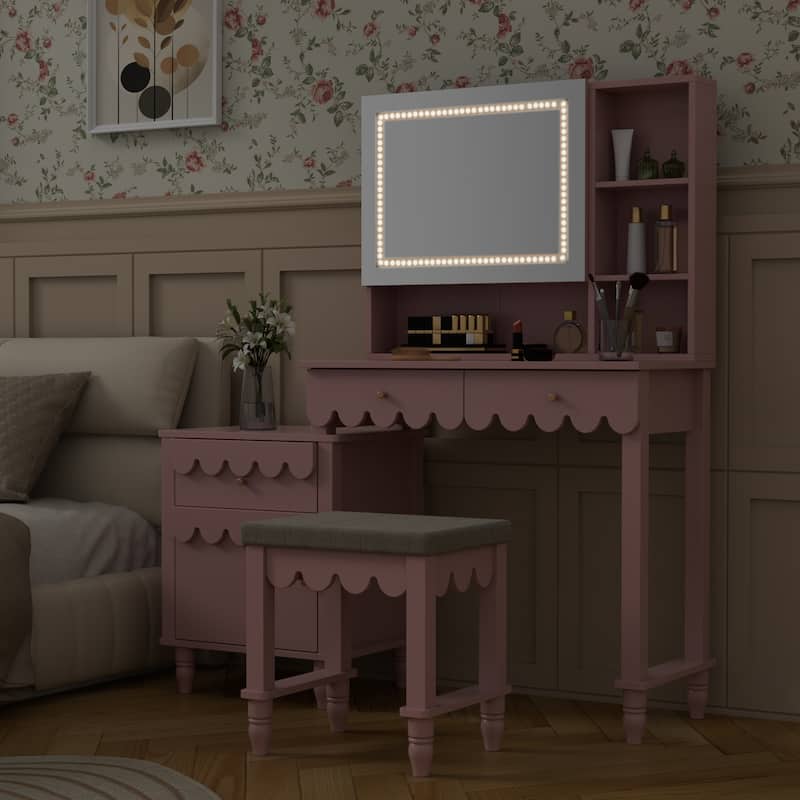 Makeup Vanity Desk With Touch Screen Lighted Sliding Mirror Stool