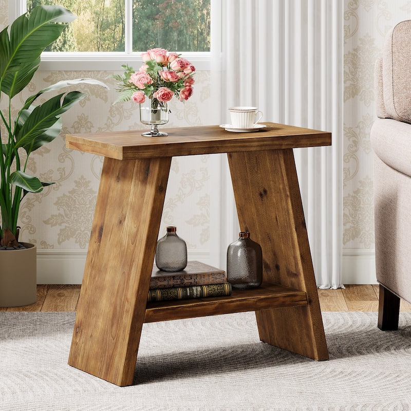 Solid Wood 2-tier Narrow Side End Table for Living Room - 11.81"D x 23.62"W x 23.62"H